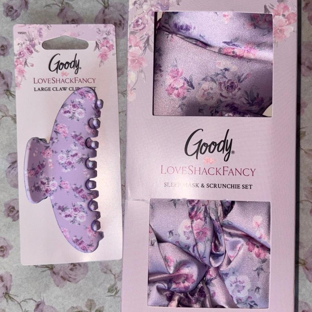 Goody x LoveShackFancy purple floral claw clip, sleep mask & scrunchie giftset